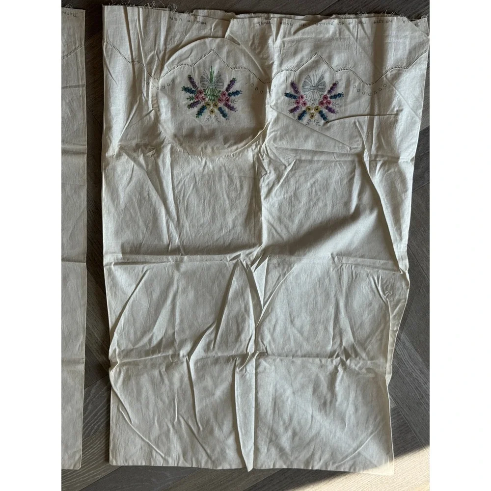 Vintage Pillowcase Pair Hand Embroidered Floral Bow White Linens Grandmacore
